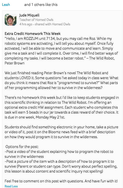 Read Alouds Reach Beyond the Classroom with Bloomz